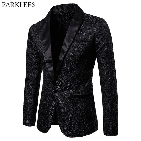 Black Jacquard Bronzing Floral Blazer Men 2018 Luxury Brand Single Button Suit Jacket Men Wedding Party Stage Costume Homme 2XL