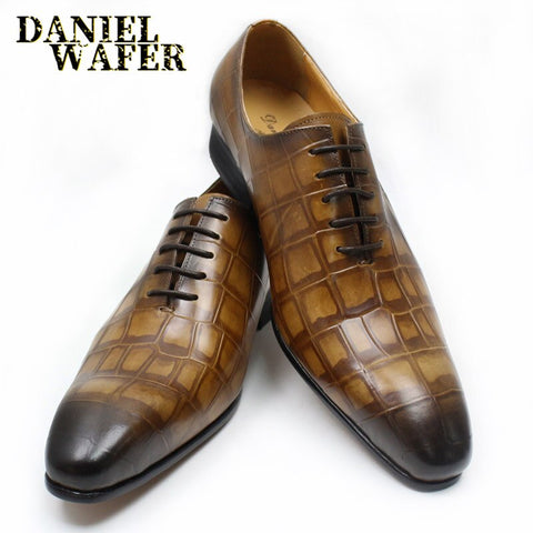 2019 NEW STYLE MEN LEATHER SHOES BROWN BLACK SHOES CROCODILE SKIN LACE UP POINTED TOE FORMAL OFFICE WEDDING OXFORD SHOES FOR MEN