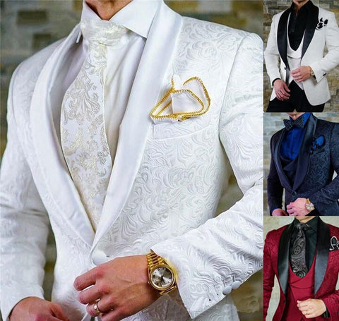 2021 Custom size Jacquard Groomsmen white Groom Tuxedos Shawl Lapel Men Suits Wedding Prom Best Man Blazer Jacket with Pants Set