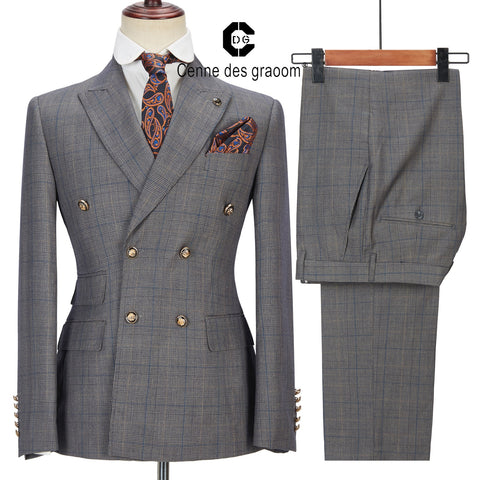 Cenne Des Graoom New Men Suit Tailor-Made Plaid Double Breasted 2 Pieces Blazer Pant Slim Fit Wedding Party Singer Costume Homme